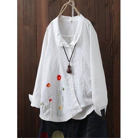 Summer Hot Embroidered Cotton Linen Short Sleeve Loose Casual Button T-Shirt Women