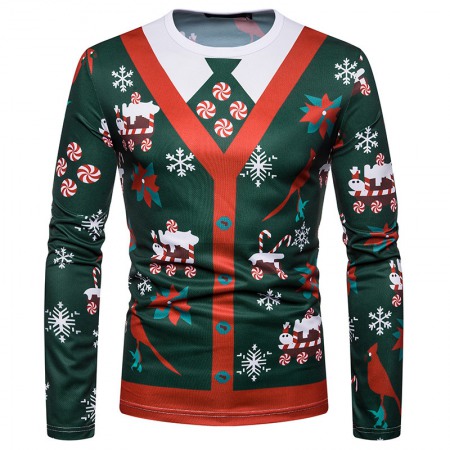 New 3D Personality Fake Two-Piece Printing Fashion Men's Christmas Long-Sleeved T-Shirt