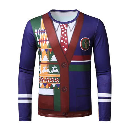 New 3D Personality Fake Two-Piece Printing Fashion Men's Christmas Long-Sleeved T-Shirt