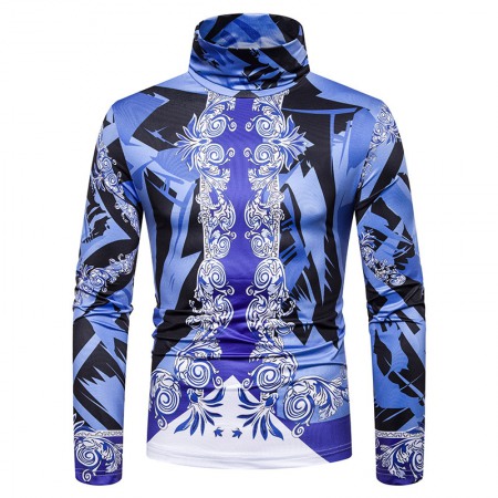 Men's Large Size 3D Blue Pattern Printing High Neck Long Sleeve T-Shirt Bottoming Shirt