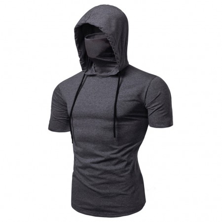 Men's Personality Simple Stretch Fitness Mens Ninja Suit Hooded Short Sleeve T-Shirt Mask