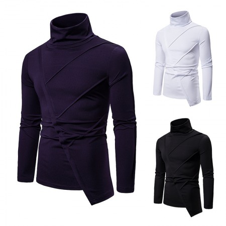 New Men's Dark Slim High Collar Irregular Mens Long Sleeve T-Shirt