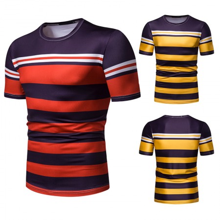 New Summer Men's Short-Sleeved T-Shirt Men's Contrast Striped Slim Casual T-Shirt