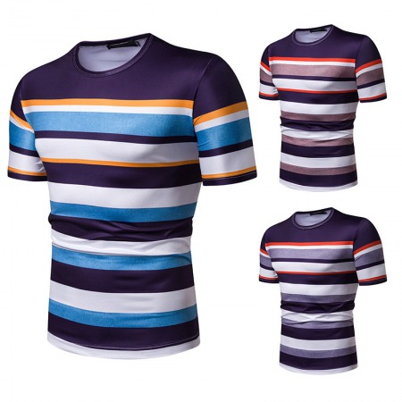 New Summer Men's Short-Sleeved T-Shirt Mens Contrast Striped Slim Casual T-Shirt